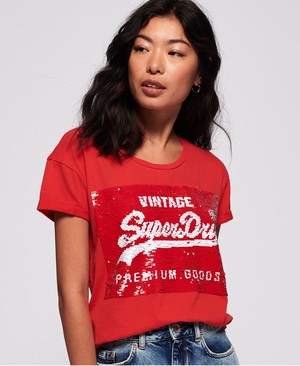 Superdry Premium Sequin Slim Boyfriend Női Pólók Piros | FWUQA1705